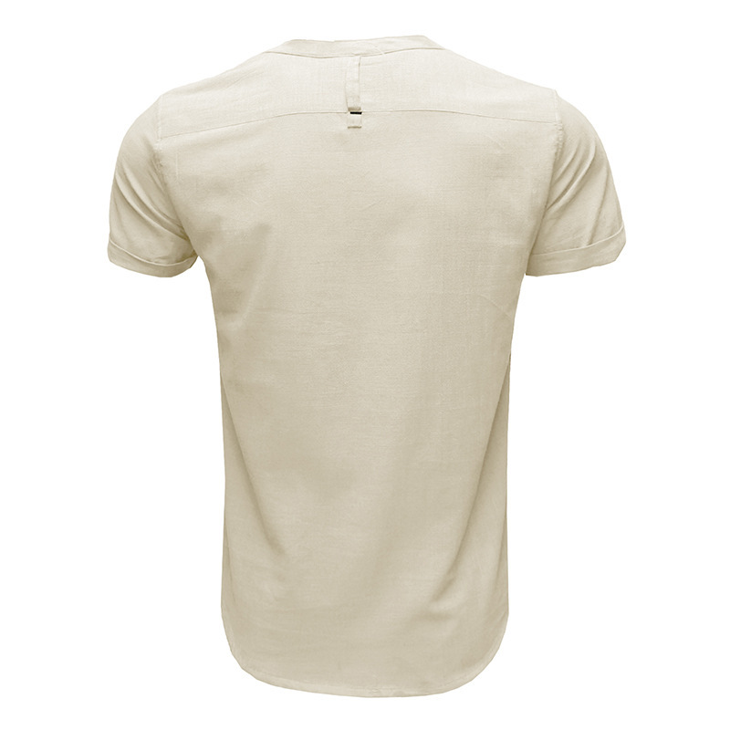 Camicia uomo manica corta tinta unita collo Henry, camicia da uomo in cotone e lino_voghion.com