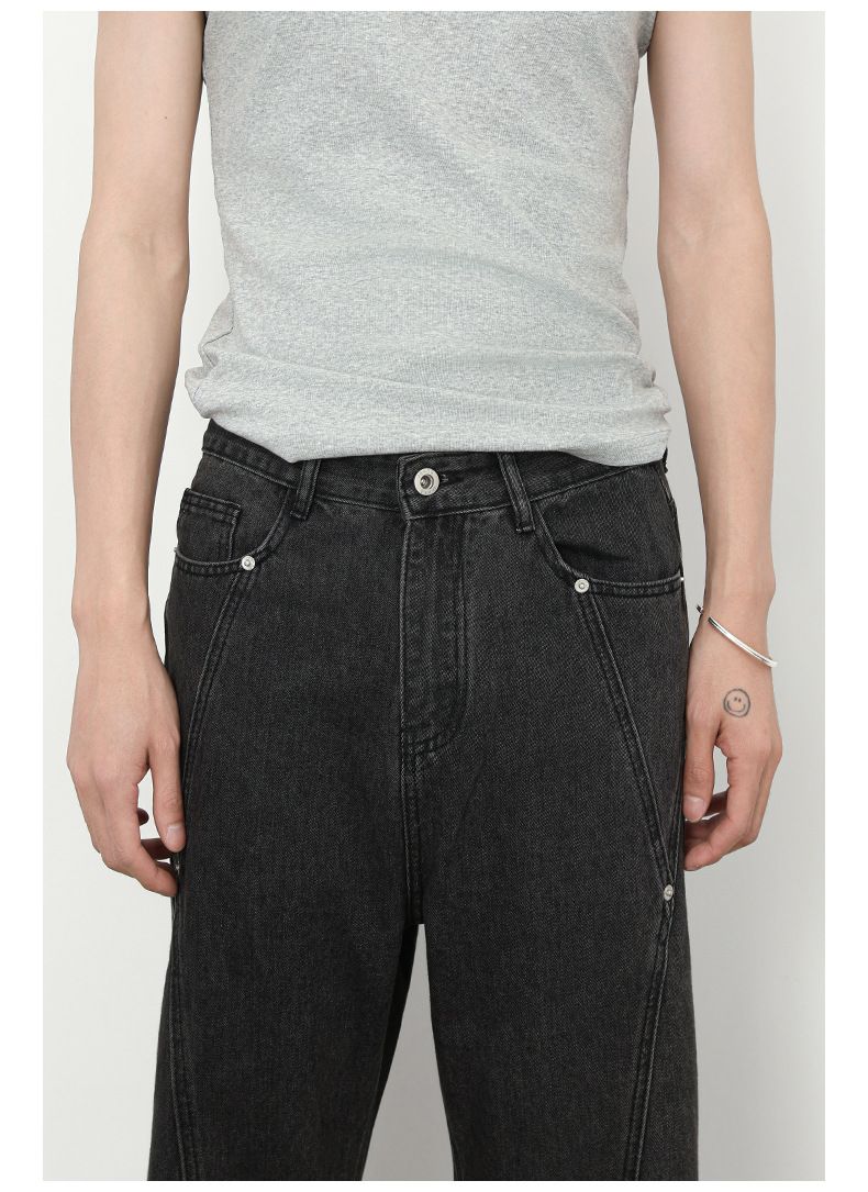 Men's Clothing Trendy Retro Stitching Beaded Jeans Designed Loose Flared Straight Pants_voghion.com