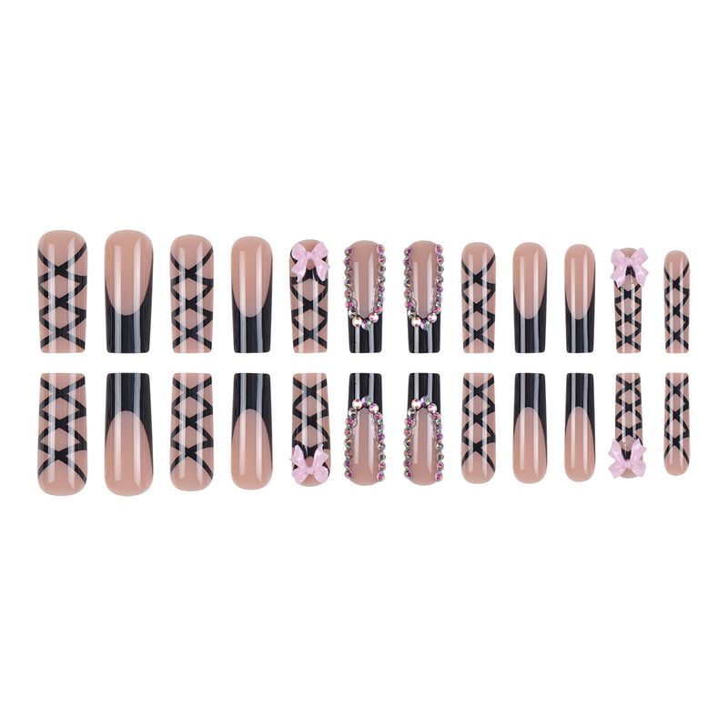 Eleganti unghie finte nere con fiocco e dettagli in perle - Unghie finte riutilizzabili per donna, design a linee incrociate, compatibili con colla/gel, lunghe_voghion.com