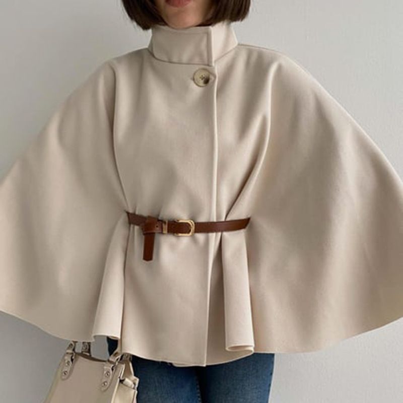 Elegante capa con cinturón: gabardina de lana resistente a las arrugas con mangas acampanadas para mujer (tallas S-XXL, 4 tonos neutros, ideal para la oficina y el fin de semana)_voghion.com