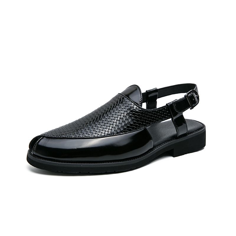 Unschlagbare Qualität Modische gewebte Ledersandalen für Herren, britische Sommer-atmungsaktive Schnalle Große Größe Coole Hausschuhe für Herren_voghion.com