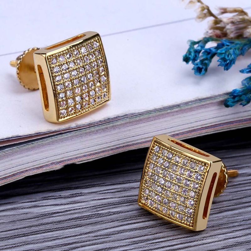 Orecchini a filo quadrati placcati in oro – Gioielli Hip Hop con micro intarsi in zirconi per uomo_voghion.com