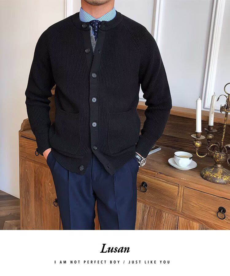 Übergroßer Strick-Cardigan für Herren – Dehnbarer und atmungsaktiver Freizeitpullover mit offener Vorderseite (Schwarz/Grau/Karamell) – Übergröße_voghion.com