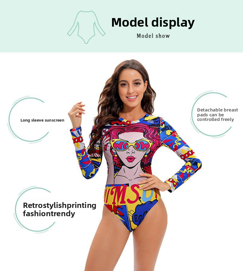Neu Einteiliges Bikini Persönlichkeit Abstrakte Druck Badeanzug Frauen Langarm_voghion.com