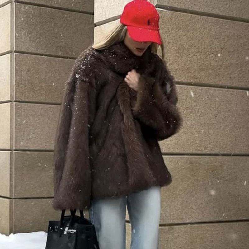 Luxury Faux Fur Coat For Women, Winter Warm Longline Open Front Jacket, Soft Fluffy Cozy Oversized Cardigan, Elegant Streetwear Style (White/Coffe)_voghion.com
