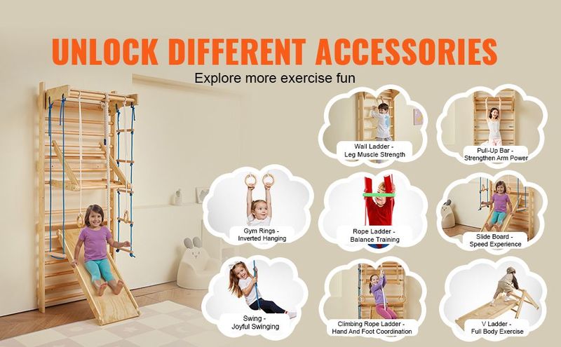 Swedish Ladder Wall Gym 8 In 1 Wooden Indoor Playground Climbing Toys_voghion.com