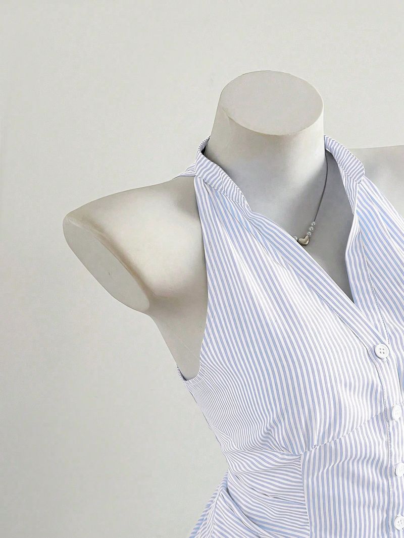 Camicia senza maniche a righe con spalle scoperte, per donna, estiva, dal design aderente, con scollo all'americana e corto in chiffon_voghion.com