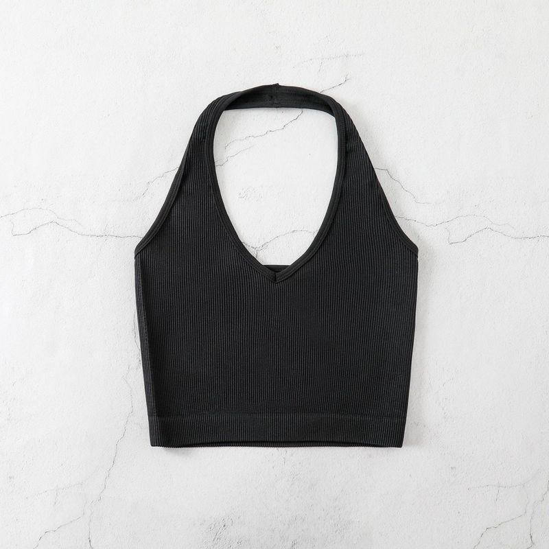 Neckholder-Body-Shaping-Unterwäsche für Fitness und Yoga, V-Ausschnitt, rückenfreies Camisole, gerippt, Bonbonfarbe_voghion.com