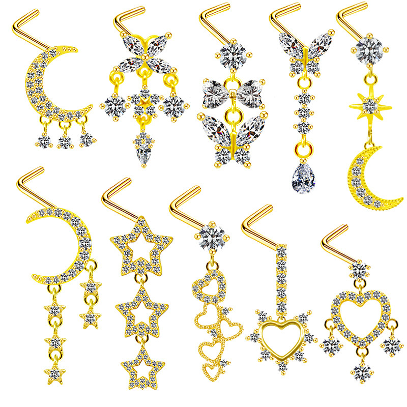 Piercing pentru nas, unghie de nas în formă de inimă, pandantiv cu cinci stele, diamant transfrontalier european și american, unghie de nas, unghie de nas, știft pentru nas_voghion.com