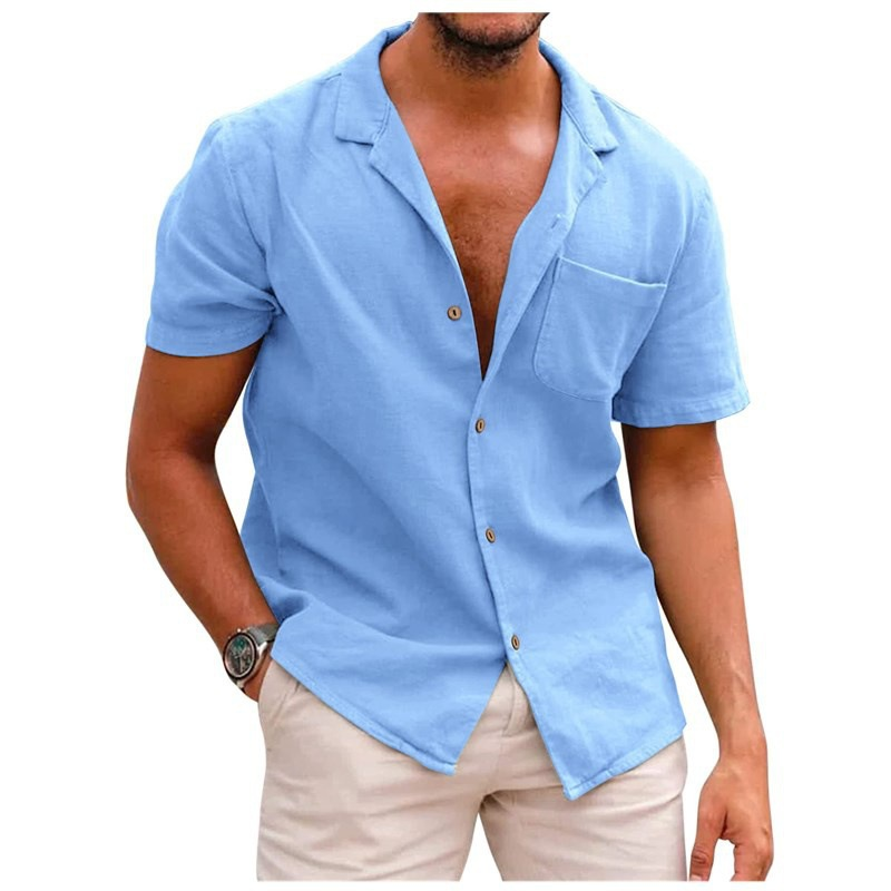 Cămașă bărbătească la modă, cu mânecă scurtă, cu rever, din in, lejeră, mărime mare, casual, pentru bărbați_voghion.com