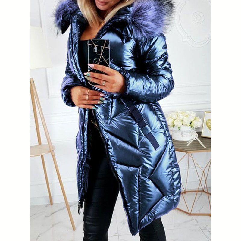 Elegante cappotto in PU con maniche lunghe e finiture in pelliccia sintetica per donna - Giacca invernale slim fit con finitura lucida, calda ed elegante (nero, blu, verde scuro)_voghion.com