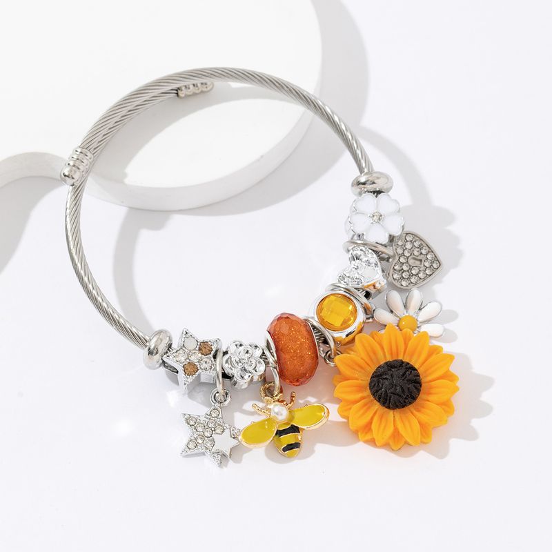 Braccialetto aperto in acciaio inossidabile fai da te con cuore, ape, farfalla e girasole, stile fresco e in saldo, per donna_voghion.com
