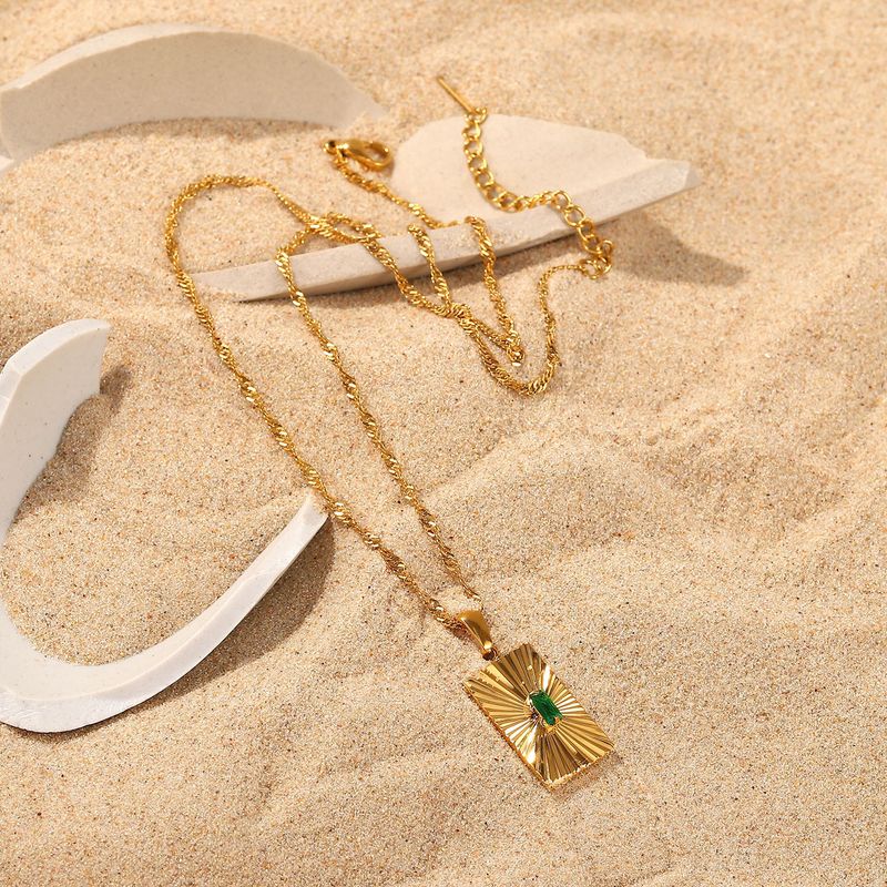 French Emerald Zircon Inlaid Split Flower Rectangle Pendant INS Wind Gold Stainless Steel Necklace Ornament Female_voghion.com