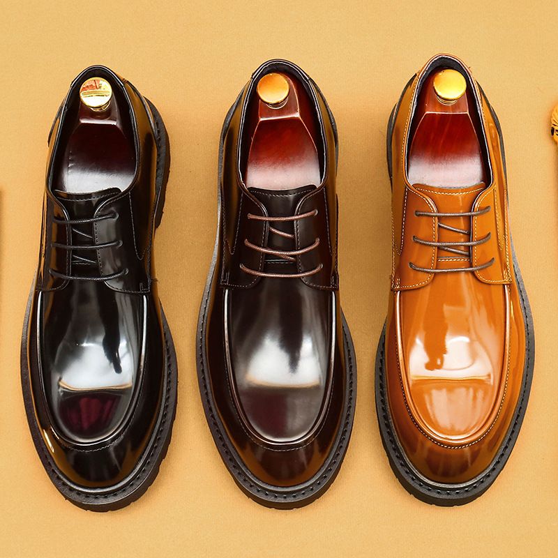 Zapatos Derby de charol brillante estilo británico informal para hombre, estilo formal, con cabeza grande_voghion.com