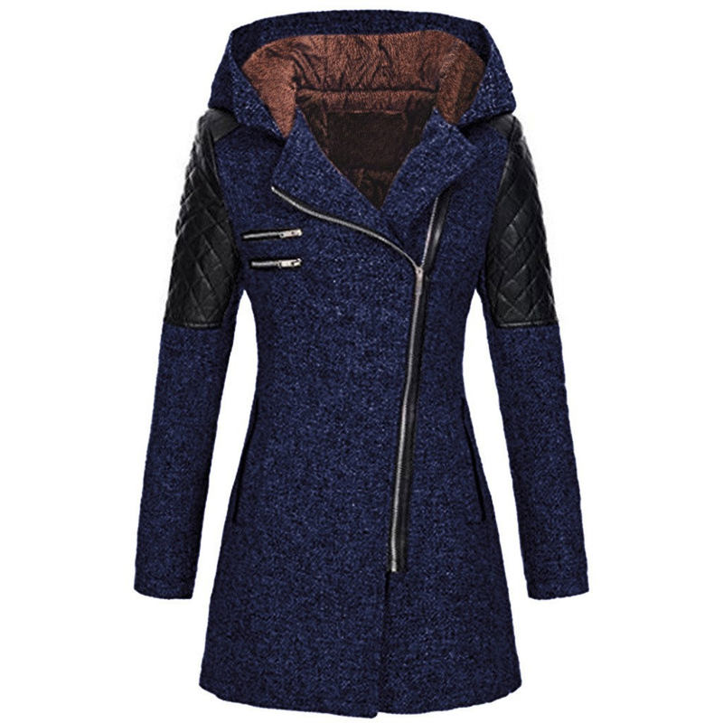 Dammemantel mat diagonaler Reißverschluss, Kapuzen a Kotteng gepolsterter Hautpois, laanger, décker, waarmer Windjacke fir Fraen._voghion.com