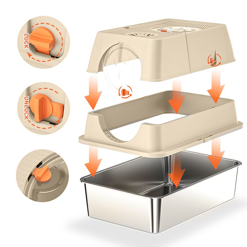 Katzentoilette aus Edelstahl, hohes Gehäuse mit Deckel, Tür vorne und oben, Sandfilterpedal und Streuschaufel_voghion.com