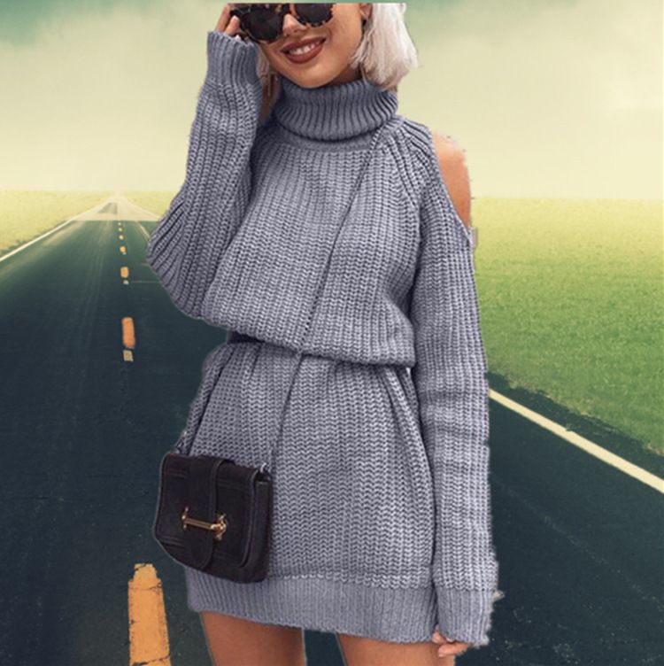 Maglione da donna di media lunghezza con collo alto e abito maglione sexy in tinta unita con spalle scoperte_voghion.com
