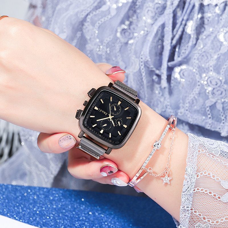 Orologio da donna Orologio quadrato Orologio a tre occhi Lega a maglie con moda Orologio casual Orologio da donna alla moda per studenti_voghion.com