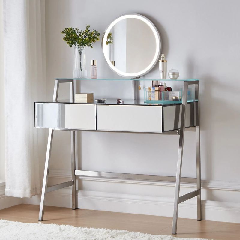 33.9" Mirrored Makeup Vanity Desk With Mirror And Lights, Mirrored Console Vanity Table With 2 Big Drawers & Open Shelf, Dressing Table With Charging Station For Bedroom, Silver_voghion.com