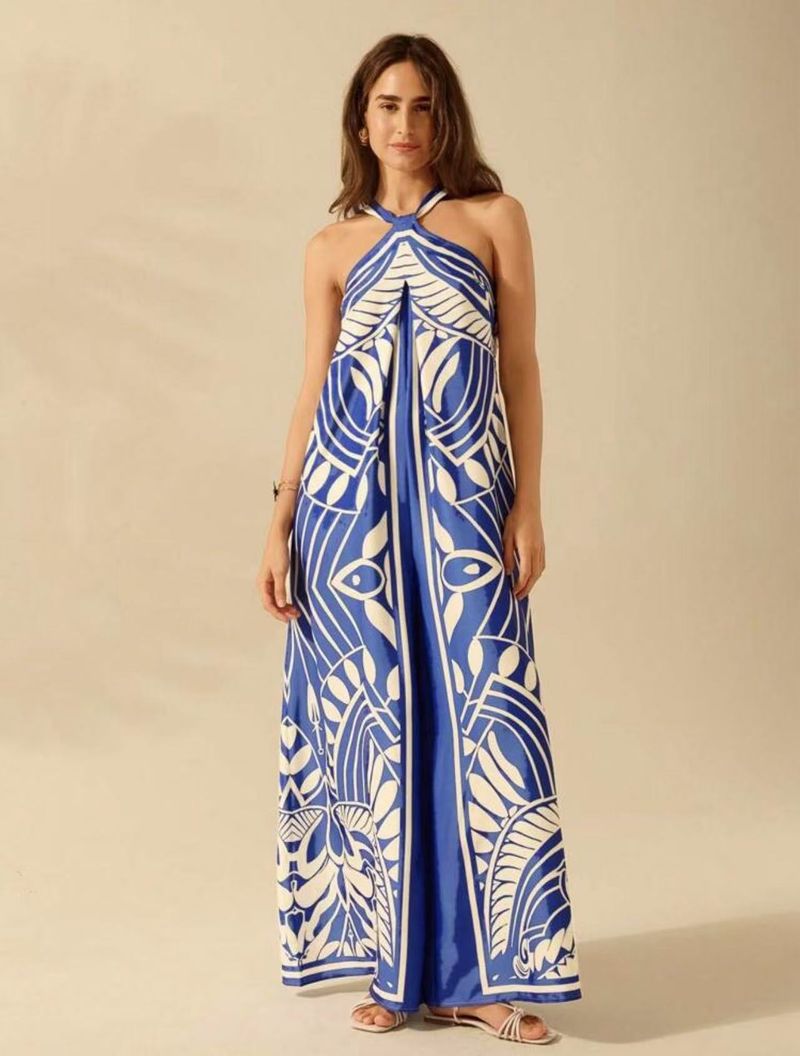 Damenbekleidung Bedruckte Mode Sexy Temperament Neckholder Ärmellose Hose mit weitem Bein_voghion.com