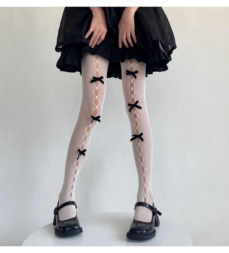 Japansk stil söt flicka rutig sammet handgjord rosett ihåliga hål strumpbyxor vita strumpbyxor_voghion.com
