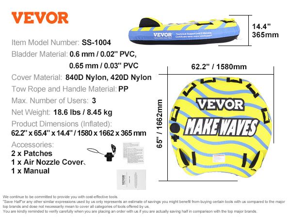 VEVOR Towable Tube for Boating, 1-3 Riders Inflatable Towable Tube with Bumper Fins, 510 lbs Water Sport Towable Tubes for Boats to Pull, Full Nylon C_voghion.com