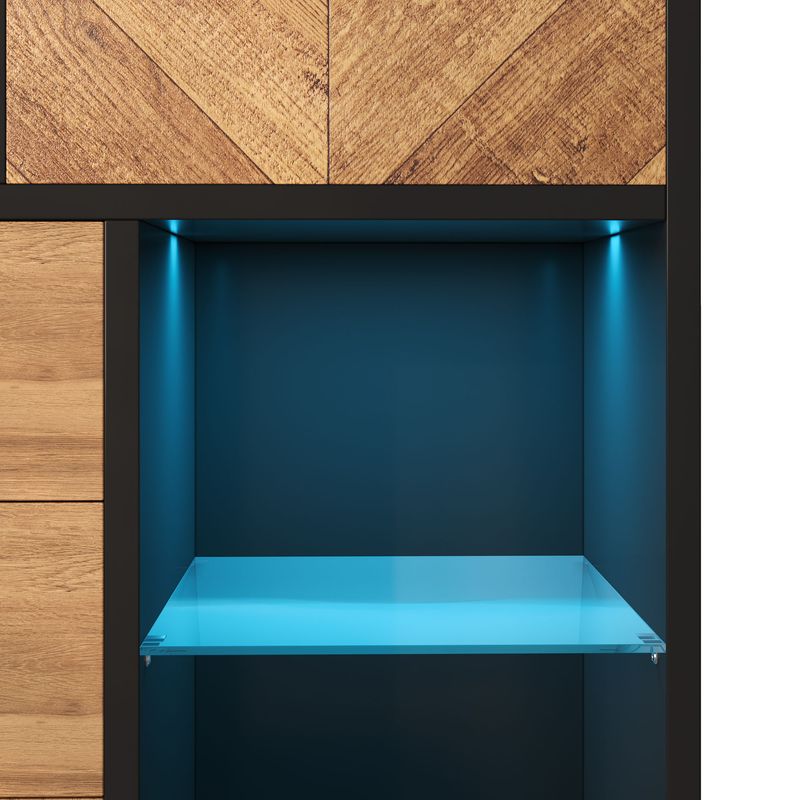 Vetrina con 12 colori di luce LED, Schubladen, Glasböden, Dreieck Holzmaserung_voghion.com