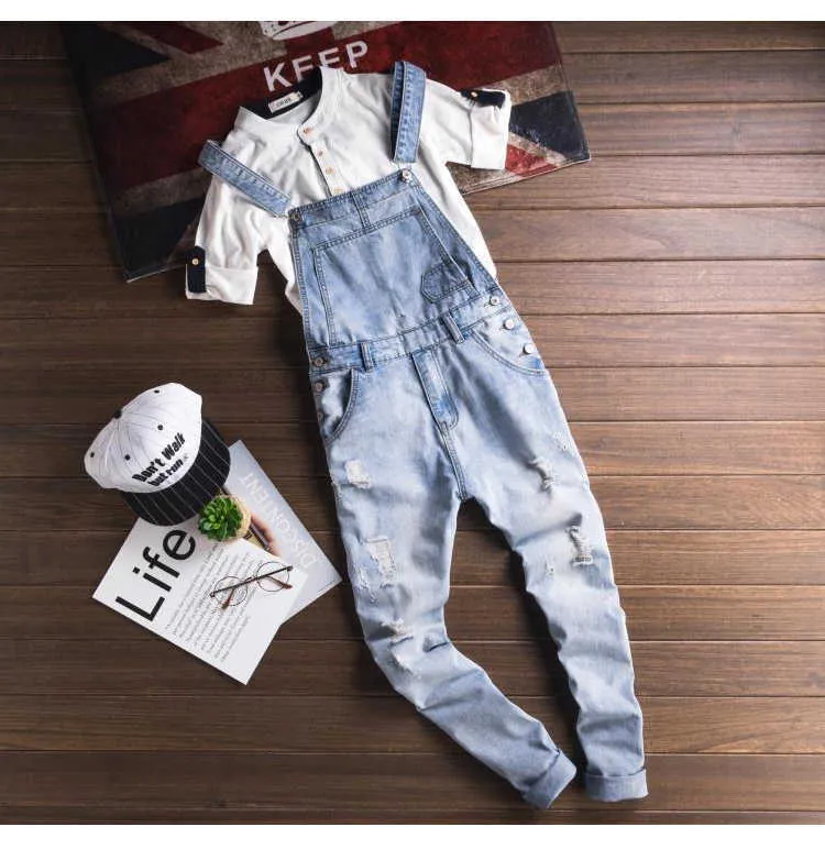 Jeans Men's light blue slim snow washed denim bib overalls for tall big Plus size hole ripped suspenders jumpsuits Cargo_voghion.com