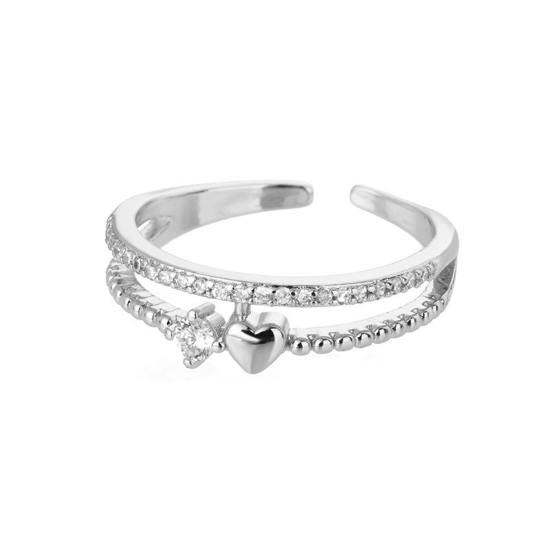 Pronto Stock Moda Zircone Cuore Anelli per le donne in acciaio inossidabile Colore oro Aperto Regolabile Doppio Anello impilabile Sposa Matrimonio_voghion.com