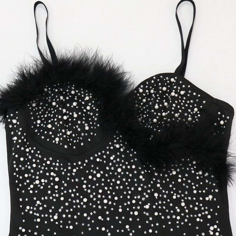 Women's Clothing Sexy Suspender Hot Diamond Dress With Spliced wool Clauses_voghion.com