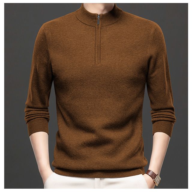 Maglione lavorato a maglia da uomo, nuovo, autunno inverno, collo alto, tinta unita, mezza cerniera, versatile, base, maglietta_voghion.com