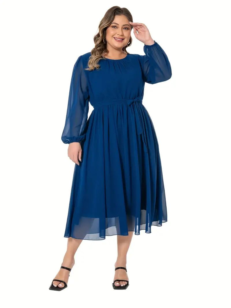 Große frauen Einfarbig Elegante Chiffon Taille Gewickelt Fett MM Kleid Frauen_voghion.com