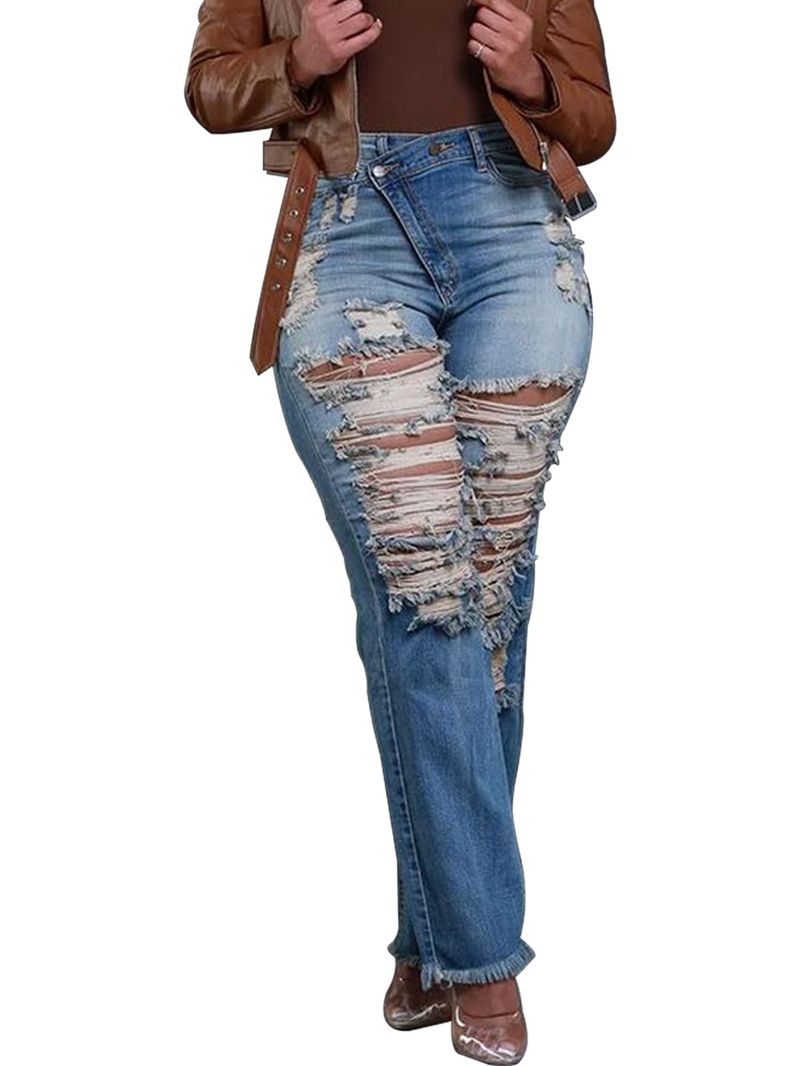 Abbigliamento donna autunno e inverno dritto personalità elastico in vita taglio nappa jeans_voghion.com