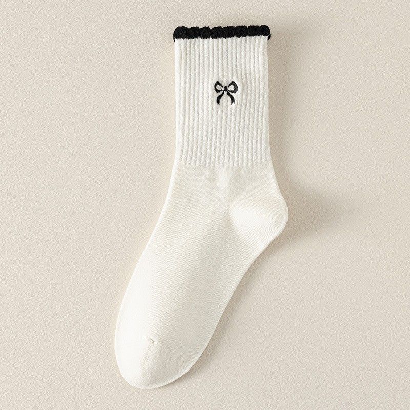 Damen-Socken, mittellang, Herbst/Winter, Trendig, Grau, Vielseitig, Rüschenrand, Flor, Polka-Dots, Schleife, Lange Socken, Vielseitig, Lang, Herbst/Winter, Style Ins Trend, Grau, Gerüscht, Rand, Flor, Polka-Dots, Schleife, Lange Socken_voghion.com