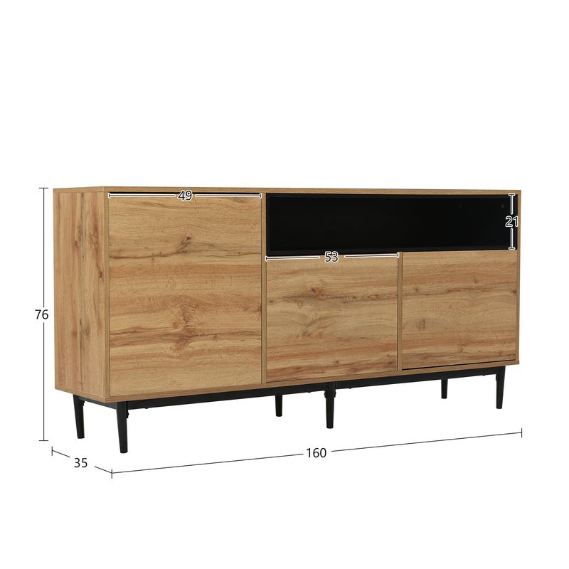 Buffet moderne en bois avec 3 portes et étagères, 160 x 35 x 76 cm, design compact, montage facile, robuste et fiable._voghion.com
