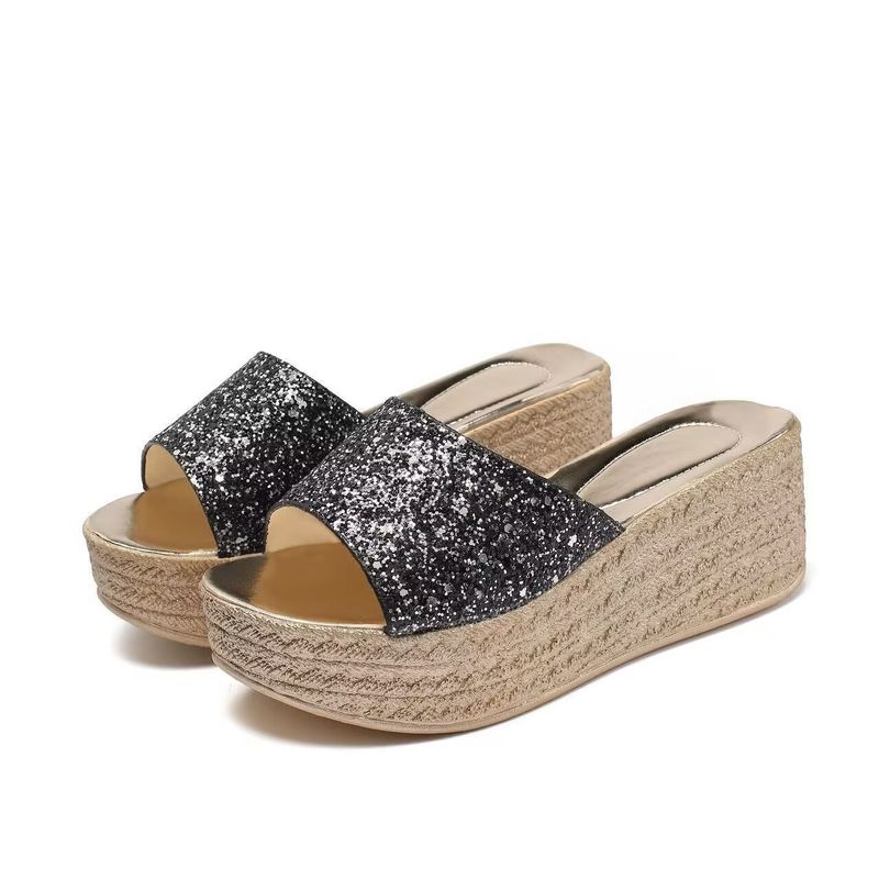 2025 Summer New Flat Sandals Women's Thick Sole High Heel Fish Mouth Sequin Slippers Factory Goods Direct_voghion.com