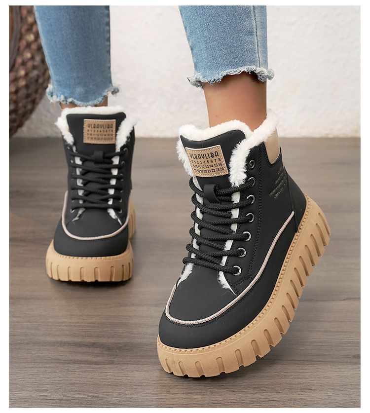 KT2816 Nuevos zapatos de invierno 2024 de caña alta para mujer, zapatos de algodón con suela gruesa, zapatos de plataforma de terciopelo sencillos para estudiantes que mejoran la altura_voghion.com