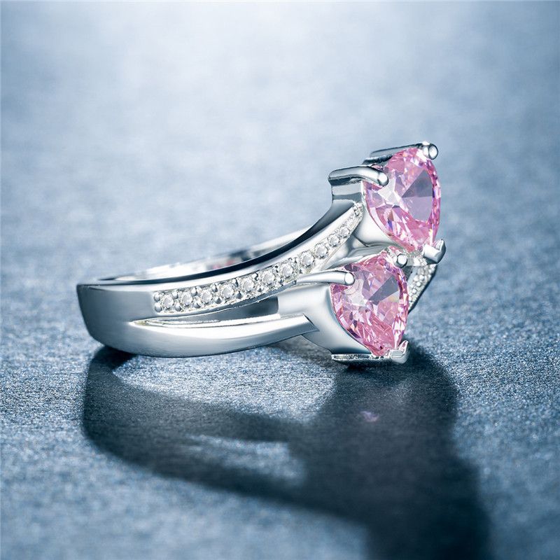 Ring Damen-Zirkonring, doppeltes Herz, platinierter Kupferring, Kopfbedeckung_voghion.com