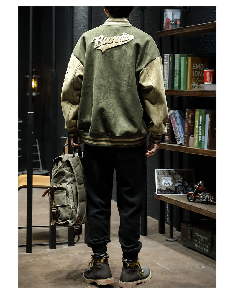 Jachetă bomber verde de primăvară și toamnă, model retro, jachetă bărbătească, elegantă, brodată, uniformă de baseball pentru cupluri_voghion.com