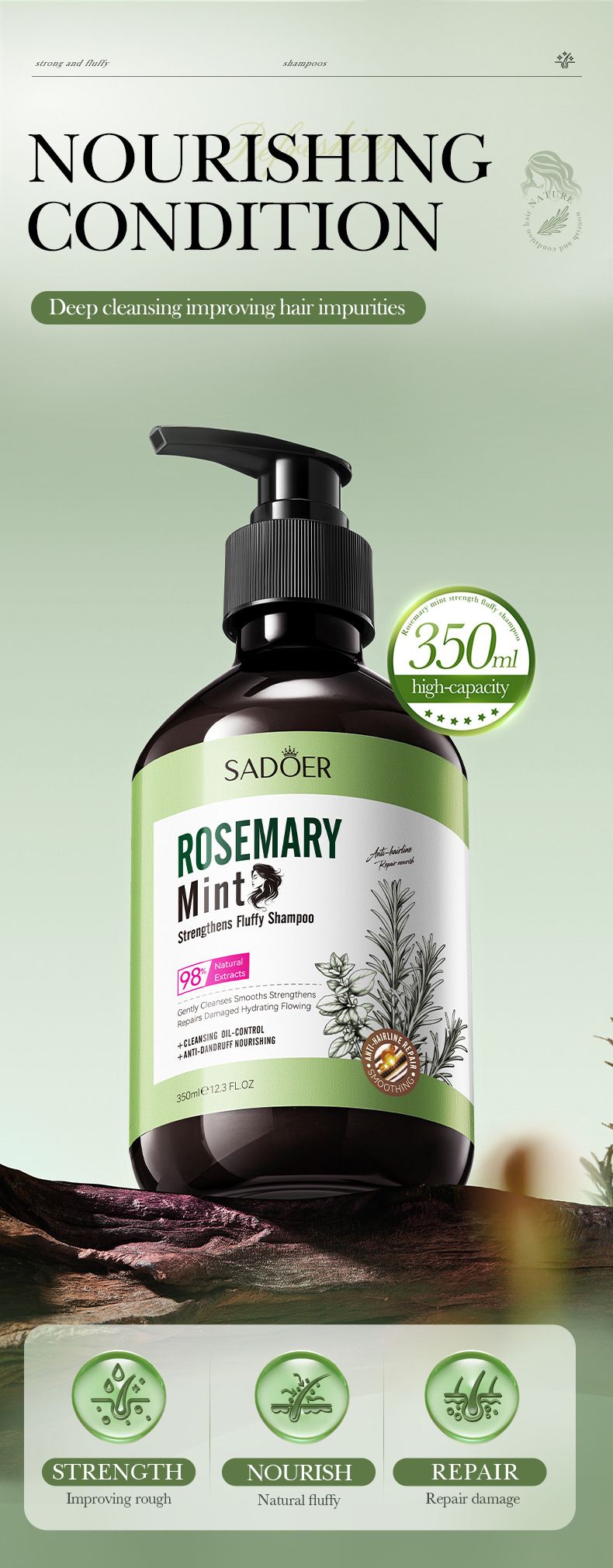 SADOER Peppermint Rosemary Strengthening And Volumizing Shampoo 350ml, Improve Hair Impurities_voghion.com
