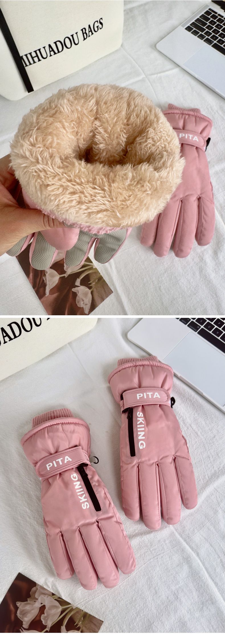 Guanti da sci touchscreen a palmo intero da donna in pile con cerniera spessa, per ciclismo invernale, bici elettrica, antifreddo e antivento_voghion.com