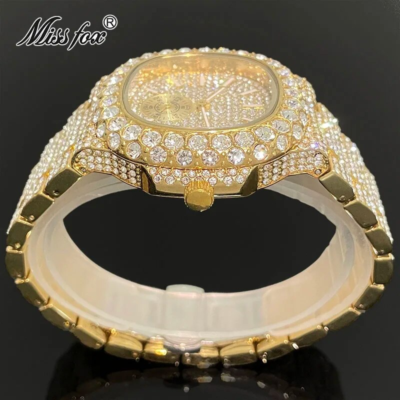 MISSFOX Ceasuri Bărbați Automatic Data Fashion Hip Hop Iced Diamond Bling Waterproof Gold Quartz Wrist Watch Mans Reloj 2023_voghion.com