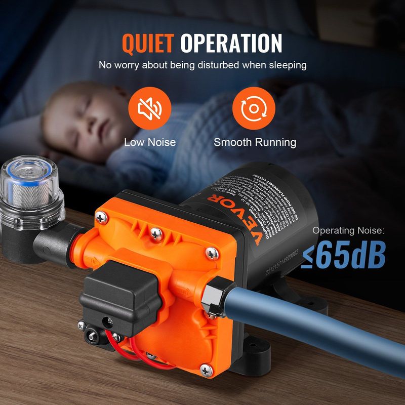 VEVOR Water Diaphragm Pump, 12V DC, 3.5 GPM Flow, 55 PSI Rated Pressure (40-80 PSI Adjustable), 1/2" MNPT Self Priming Sprayer Pump With Pressure Switch For RV Camper Marine Boat Lawn, FCC Certified_voghion.com