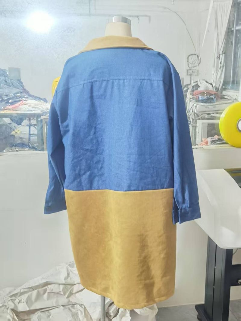 Damenbekleidung Anzugkragen Denim Splicing Mittellanger Mantel für Damen_voghion.com