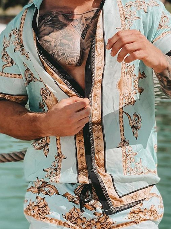 2024 Summer casual loose print two-piece shirt beach set for men_voghion.com