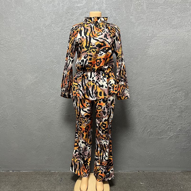 Women's Clothing digital printing lantern long sleeved pleated waist comfortable top with trousers set clearance_voghion.com