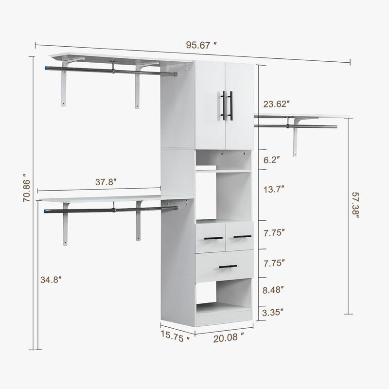 "95.6'' Closet Organizer System With Dual Hanging Rods, Shelves, And Drawers – White Engineered Wood Wardrobe For Bedroom Storage_voghion.com