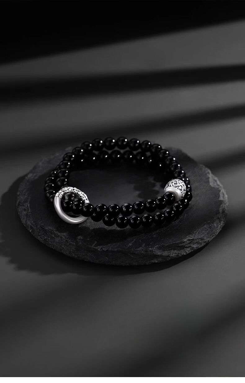 Chinese Pure Silver Bracelet Men With Obsidian Peace Buckle, Bracelet, Men's Jewelry, Birthday Gift For Boyfriend_voghion.com