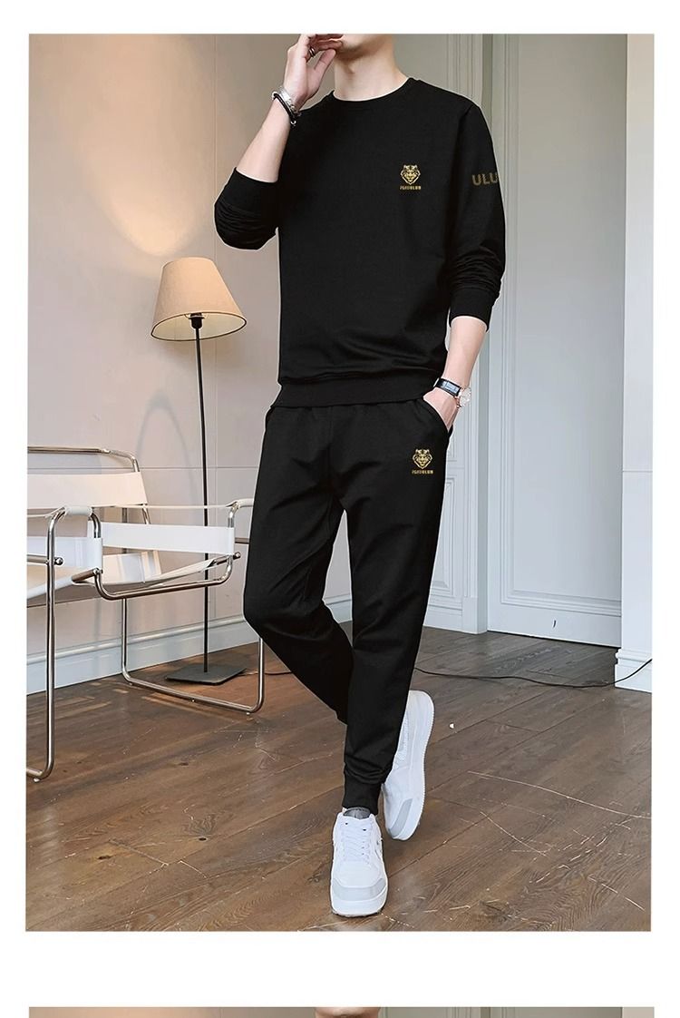 Costume décontracté pour homme, mode automne, nouveau, col rond, manches longues, sport, jeunesse, polyvalent, simple, ensemble deux pièces pour homme_voghion.com