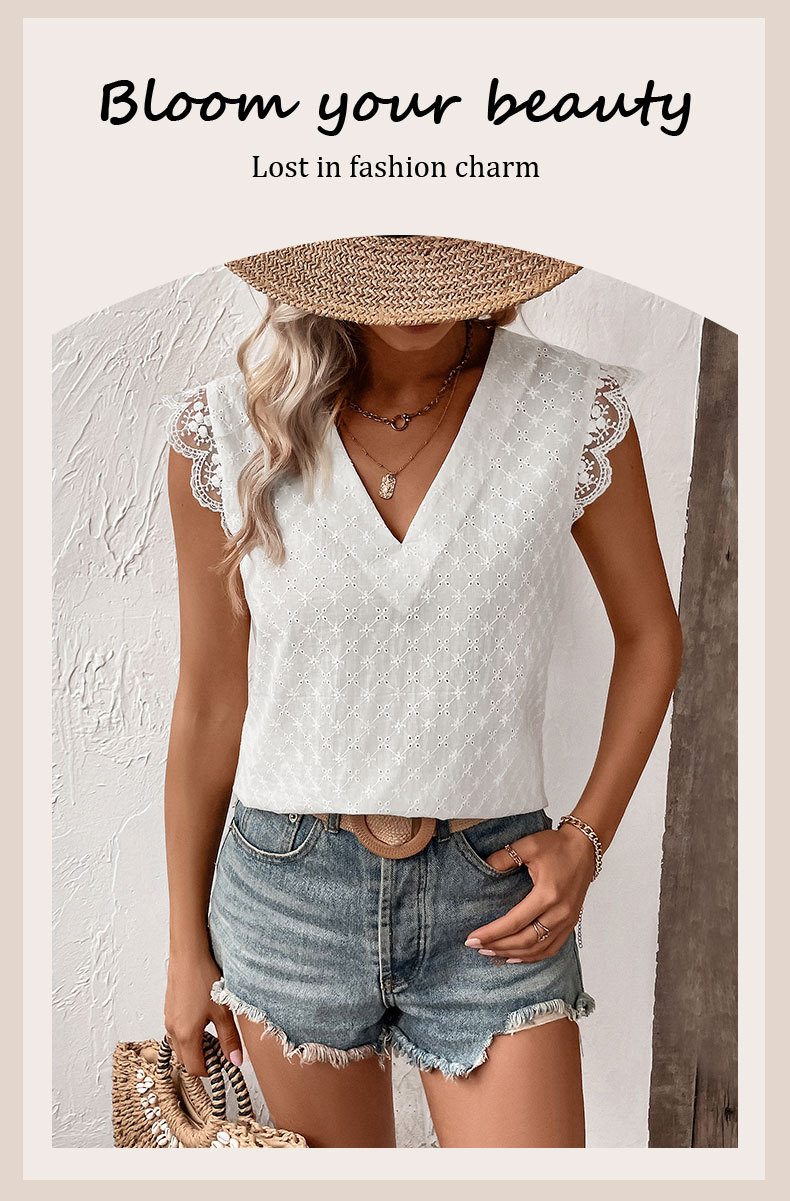 Camicia bianca senza maniche con scollo a V e volant_voghion.com